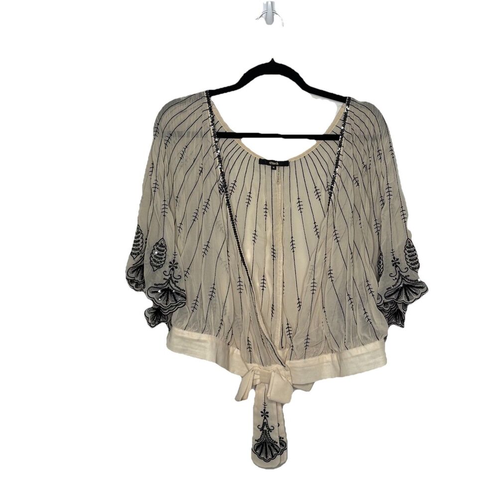 BKE Buckle Black Cream Sequin Sheer Deep V Blouse Top Size Medium Womens